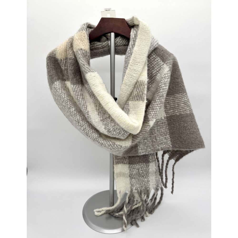 NWT Lauren Conrad Grey Plaid Oversized Scarf 18x74 Tweed Fringe Acrylic Poly New